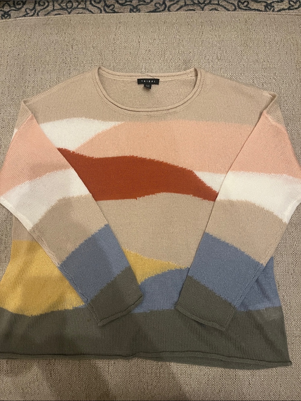 Tribal Beige Crewneck Sweater with Multi-Color Wave Pattern Xl